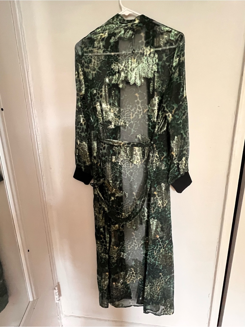 Sheer Green Animal Print Long Kimono Cover-Up